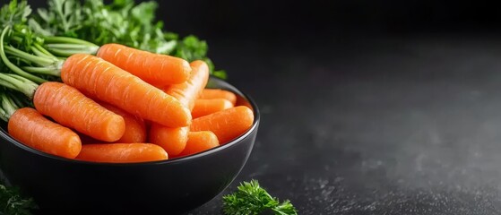  A black table holds a bowl brimming with numerous carrots Nearby, a bunch of parsley stands at the ready