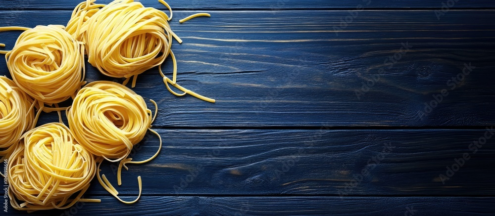 Aufkleber uncooked italian pasta on a dark blue wooden surface top view. with copy space image. place for addi