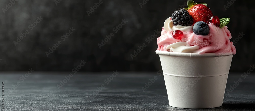 Poster A cup filled with ice cream topped with fruits and cream. with copy space image. Place for adding text or design