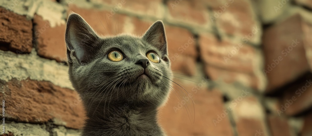 Poster close up portrait of a gray kitten gazing up to the viewer s right featuring light yellow green eyes