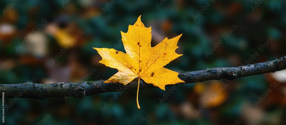 Fototapete A vibrant yellow autumn leaf on a branch amid withered leaves with greenery in the background depicting a fall transition scene. with copy space image. Place for adding text or design