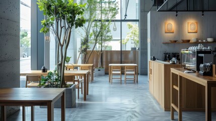 Obraz premium Minimalist Interior Design of a Coffee Shop with Wooden Furniture
