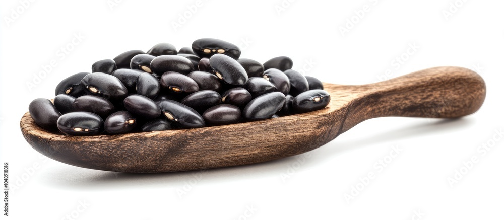 Poster black turtle beans on a rustic wooden scoop with a dark finish set against a white background. with copy space image. Place for adding text or design