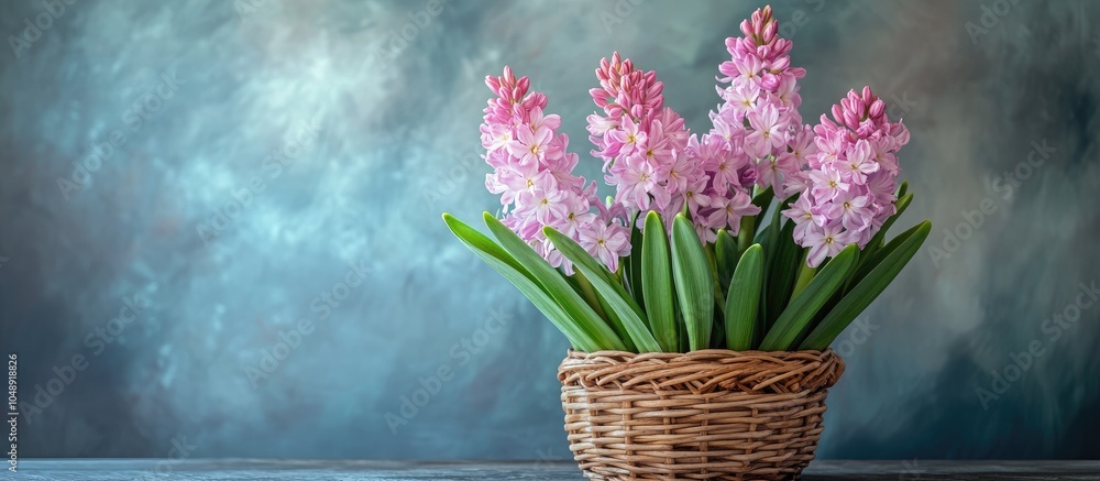 Poster Pink flowering hyacinths in a wicker basket against a rustic backdrop Spring Easter still life. with copy space image. Place for adding text or design