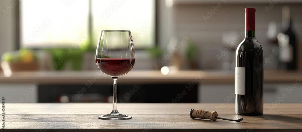 Aufkleber Close up of a red wine glass on a table with a blurred bottle and corkscrew. with copy space image. Place for adding text or design