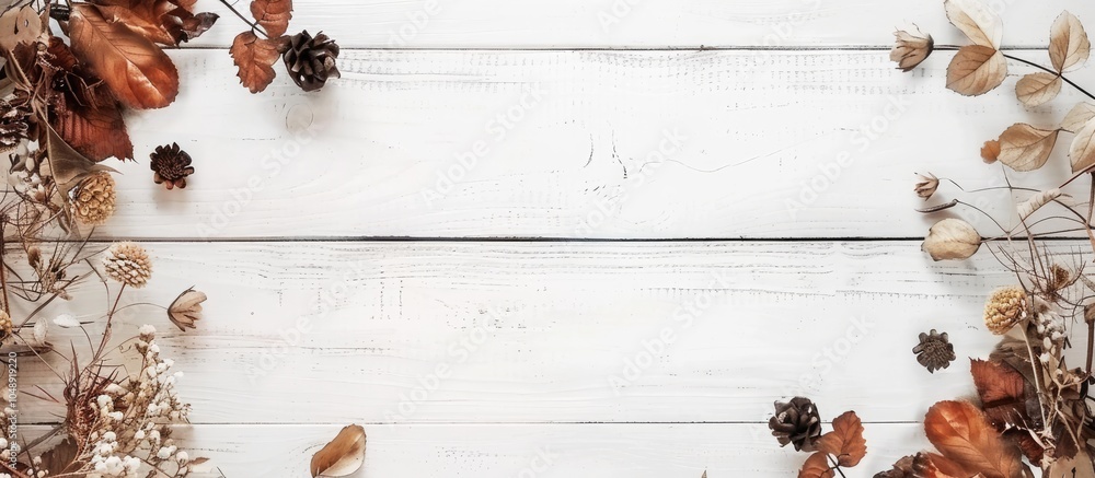 Poster dried autumn plants on white wood. with copy space image. Place for adding text or design