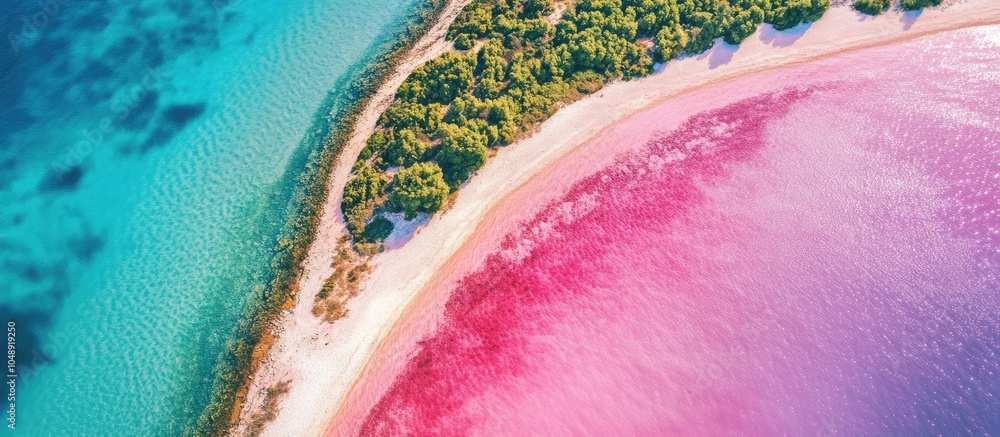 Poster Panoramic scenic aerial view of the coastline featuring a pink lake divided from the sea by a slender sandy spit Captured using a drone. with copy space image. Place for adding text or design