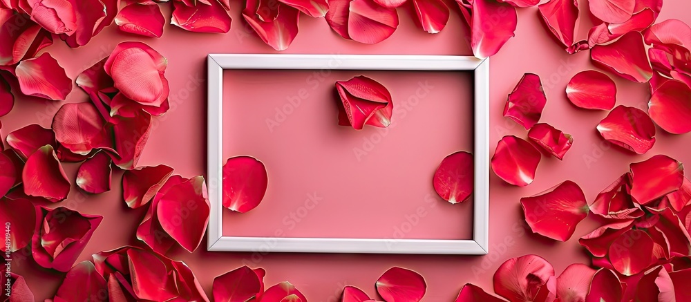 Aufkleber valentine s day arrangement featuring red petals and a white frame on a pink backdrop flat lay top v