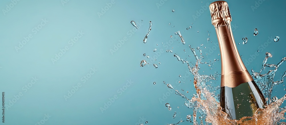 Aufkleber Champagne bottle with splashes against a blue background. with copy space image. Place for adding text or design