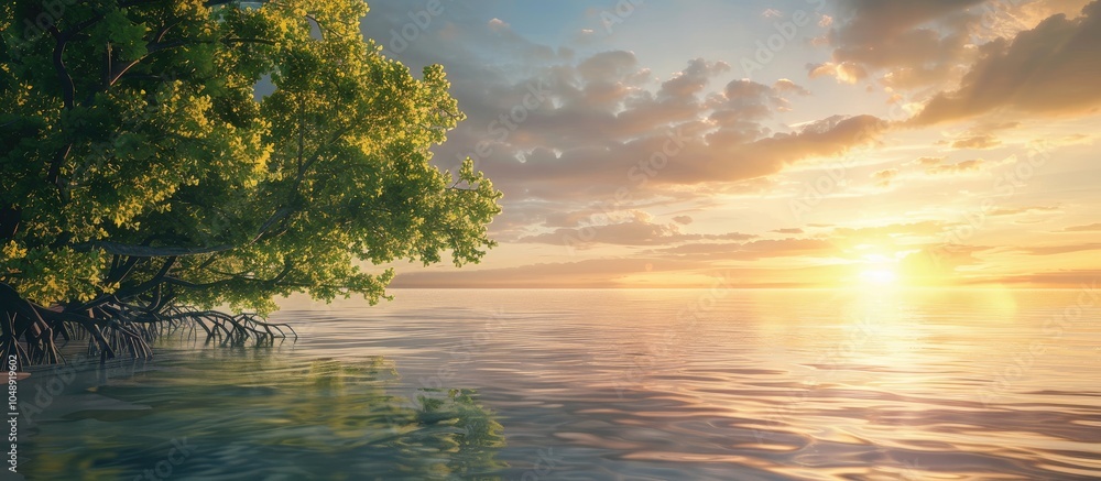 Leinwandbilder mangrove trees along the shore during sunset sunrise. with copy space image. place for adding text o