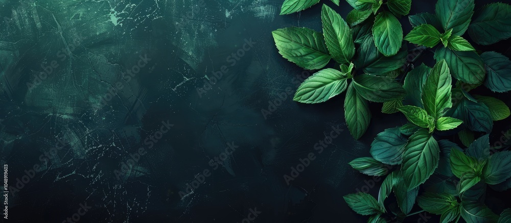 Poster marsh mint leaves on a dark background. with copy space image. place for adding text or design