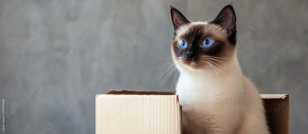 Poster Pet adoption concept Siamese cat sitting in front of a cardboard box sandy colored background with a forlorn look and blue eyes. with copy space image. Place for adding text or design