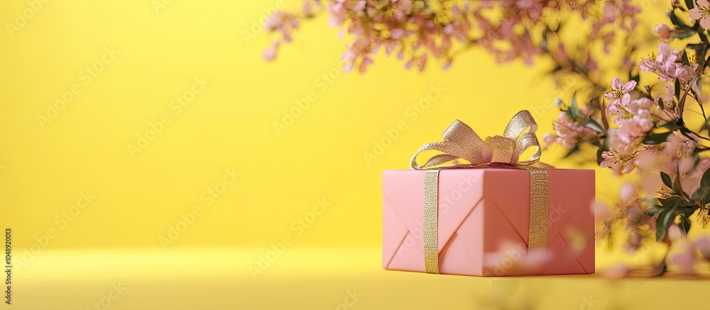 Poster spring present on a yellow backdrop. with copy space image. Place for adding text or design