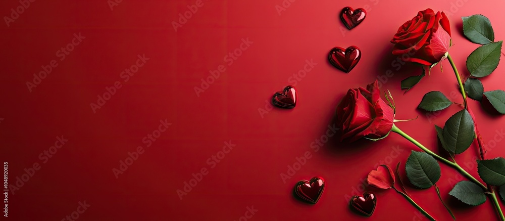 Aufkleber valentine s day celebration concept background roses and hearts on a red table background top view. 