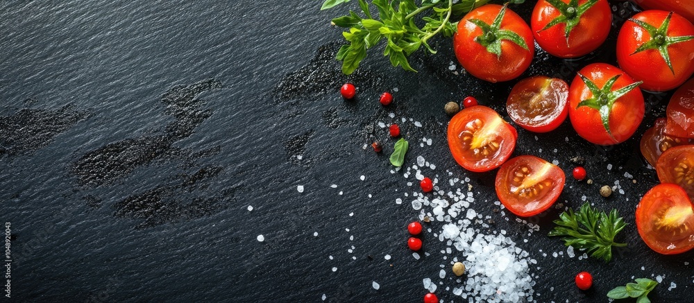 Poster freshly sliced cherry tomatoes on a black background accompanied by coarse salt and herbs. with copy