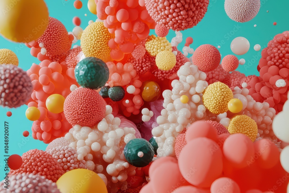 Poster colorful abstract spheres and bubbles in various sizes and shapes, creating a vibrant and playful co