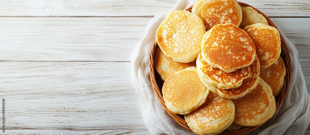 Leinwandbilder delicious corn pancakes arranged on a white wooden table viewed from above area for text. with copy 