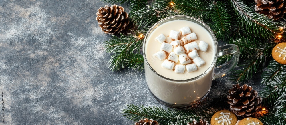 Poster Christmas white drink eggnog with marshmallows in a glass mug on a grey background with spruce branches and cookies top view. with copy space image. Place for adding text or design