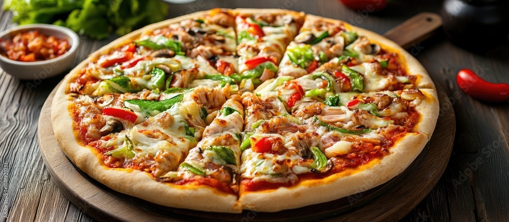 Aufkleber veggie pizza topped with vegetables and Peking cabbage. with copy space image. Place for adding text or design