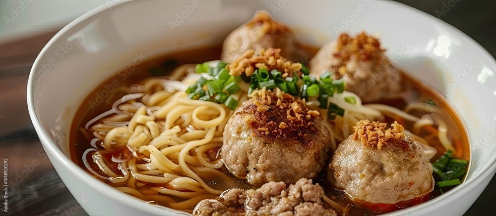 Aufkleber bakso an indonesian dish consisting of meatball soup with noodles isolated. with copy space image. p