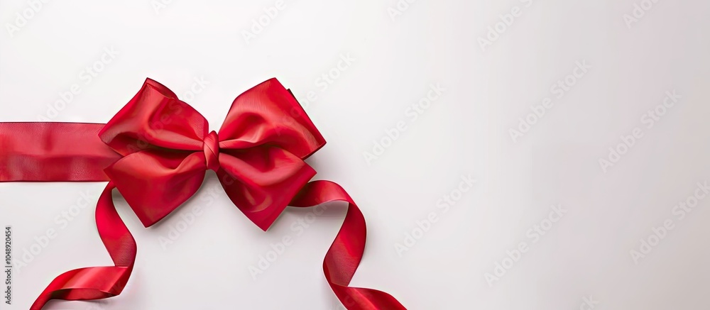 Poster Red paper ribbon with a bow set against a white background. with copy space image. Place for adding text or design
