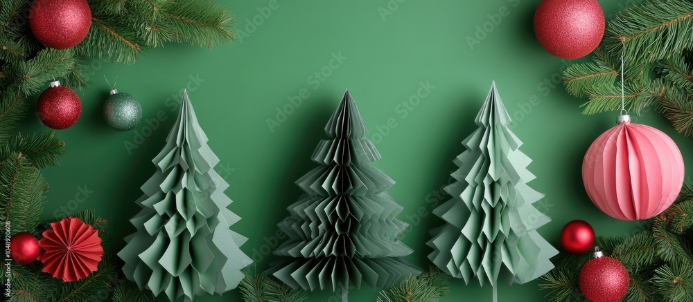 Poster new year s arrangement stylish eco friendly christmas tree ornaments made from paper. with copy spac