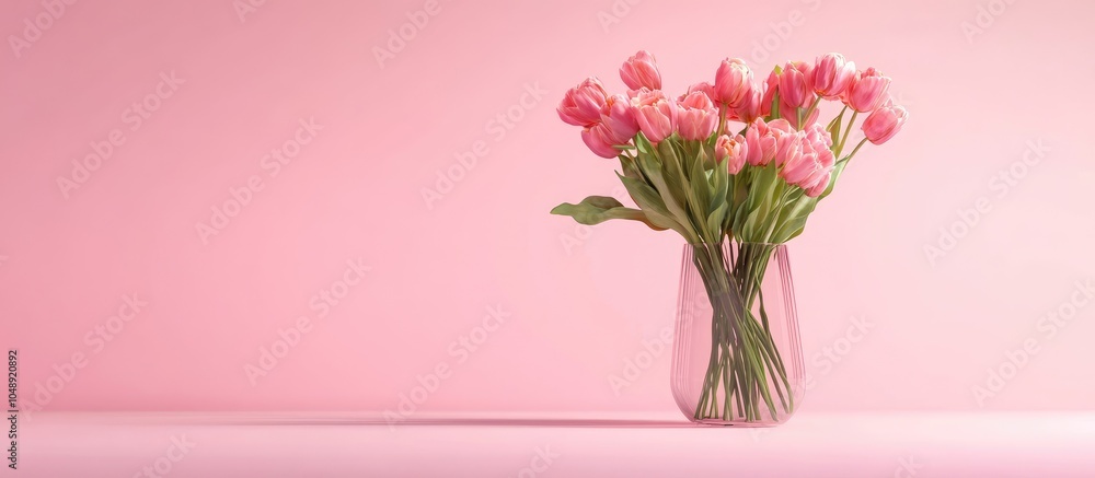 Poster spring bouquet against a pink background featuring a copy space