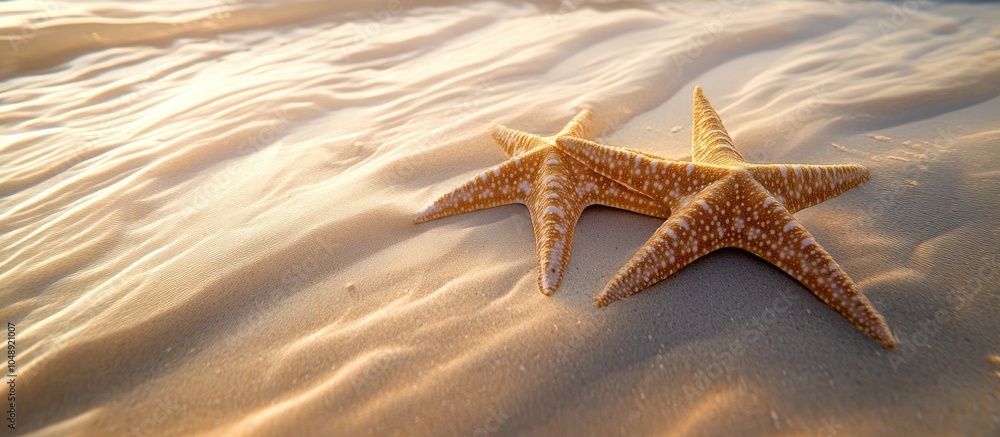 Poster two starfish on the beach among windswept sand ripples. with copy space image. place for adding text