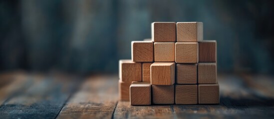 Business development concept using wood block construction Growth strategies and ideas A stack of square wooden cubes A backdrop for success leadership challenges creativity and performance in one 