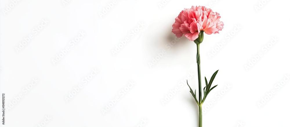 Poster A single pink carnation stands upright against a white background. with copy space image. Place for adding text or design