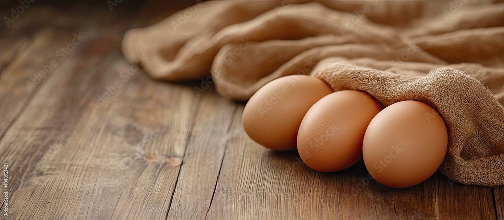 Poster Brown chicken eggs rest on a wooden floor alongside brown fabric in a vintage style. with copy space image. Place for adding text or design