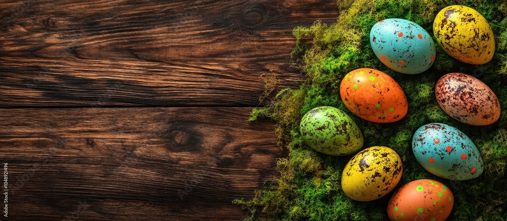 Aufkleber top view of easter eggs on green moss atop an old wooden table. with copy space image. place for add