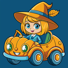 Obraz premium Cartoon Witch Driving a Pumpkin Car