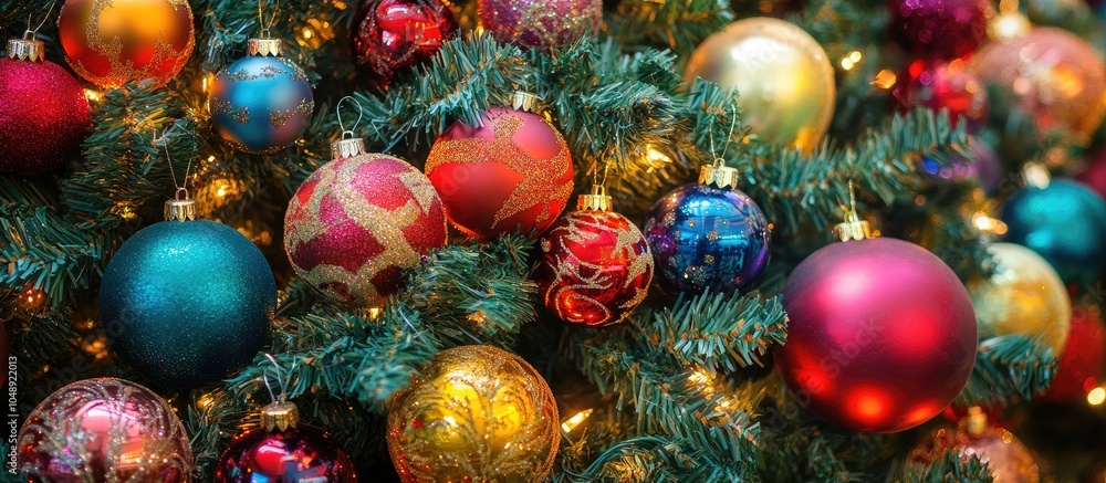 Fototapete Close up of a decorated Christmas tree featuring colorful ornaments. with copy space image. Place for adding text or design