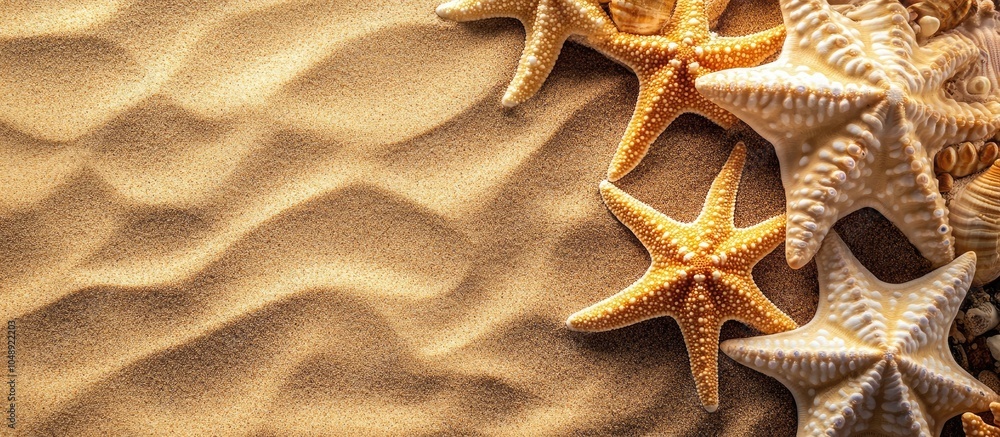 Poster Starfish on a sandy background starfish border. with copy space image. Place for adding text or design