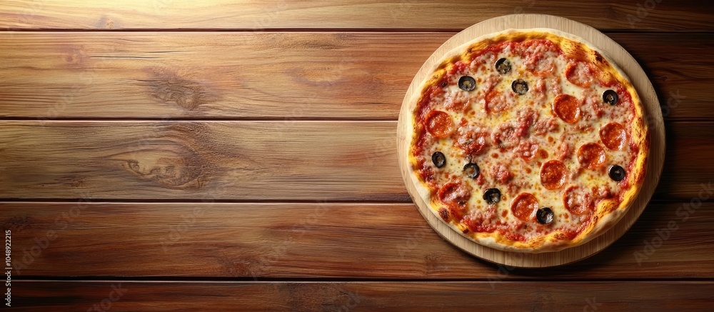 Aufkleber tasty italian pizza presented on a wooden table top view. with copy space image. place for adding te