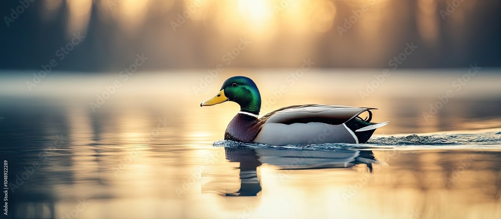 Poster A duck gliding on the water. with copy space image. Place for adding text or design