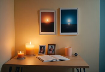 Realistic kitchen interior, orange sofa, gray floor, wooden table, loft style, super details, soft lighting, Night light in cozy interier sale website banner in yellow, orange background color, minima