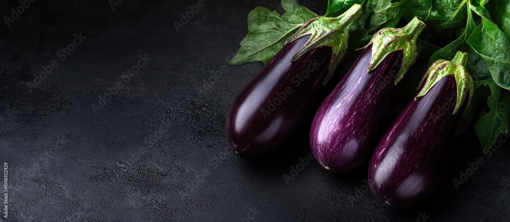 Poster fresh eggplants on a dark backdrop. with copy space image. place for adding text or design
