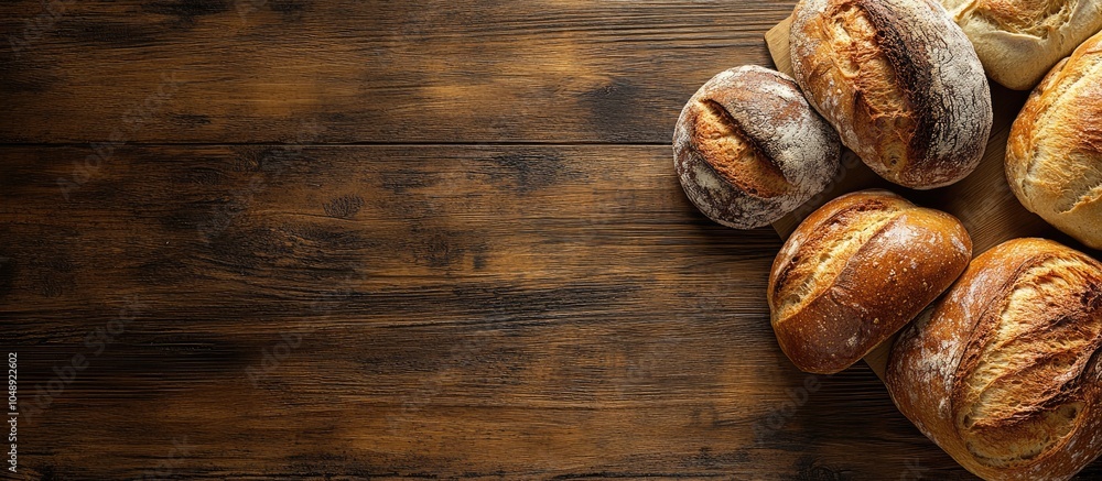 Poster selection of freshly baked bread and buns on a wooden table background top view. with copy space ima