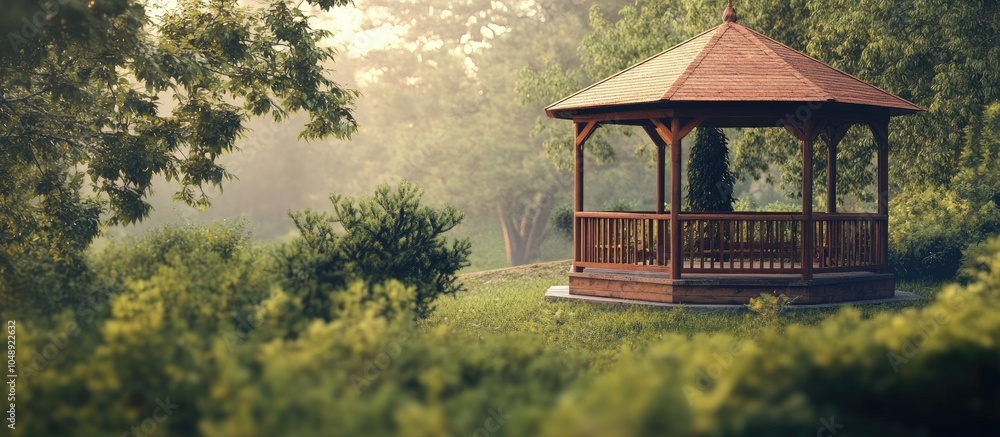 Fototapete gazebo in a natural setting background with selective focus and copyspace for text