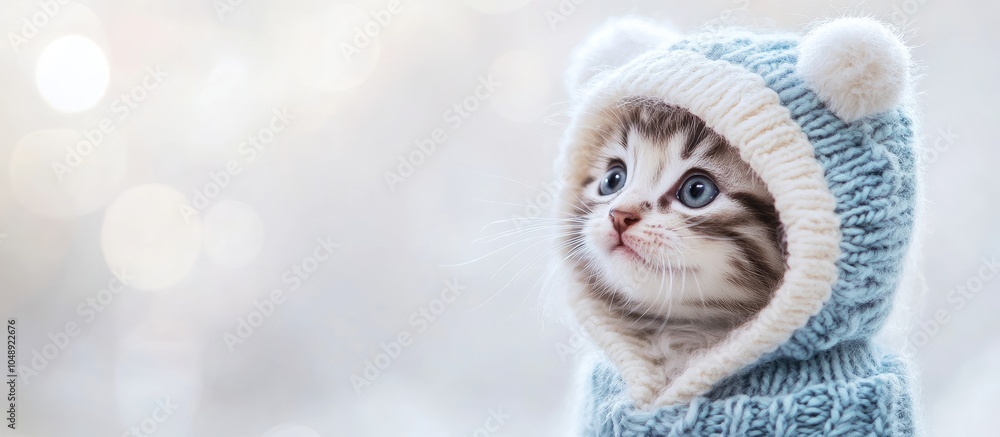 Poster kitten dressed in winter attire attractive web banner with copyspace kitten in a white and blue hood