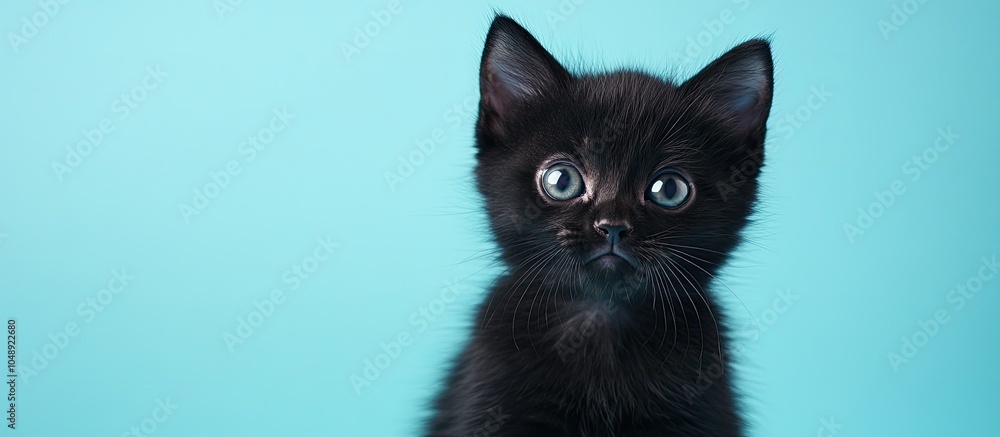 Aufkleber adorable black kitten set against a blue background. with copy space image. place for adding text or