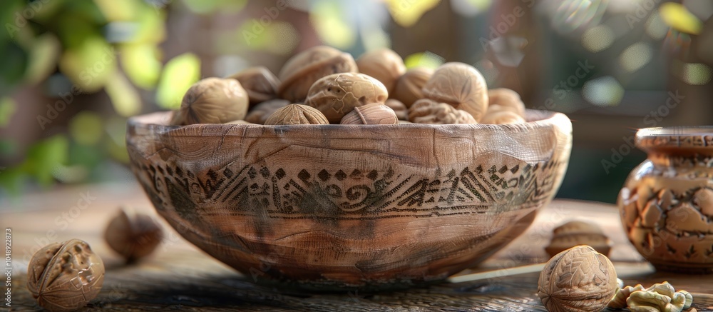 Poster walnuts in a wooden bowl with decorations of an old clay cup. with copy space image. place for addin