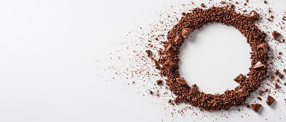  A white backdrop features a circular arrangement of chocolate chips and chocolate sprinkles