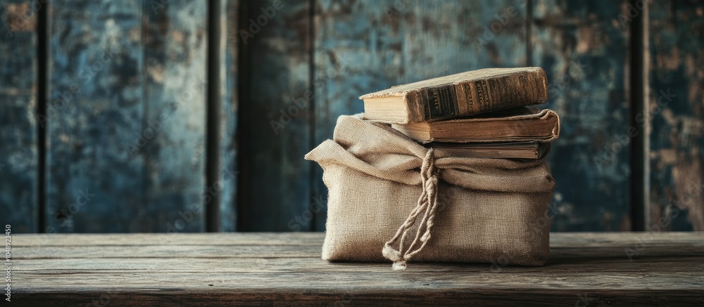 Aufkleber books placed outside a cloth bag on a wooden table vintage style. with copy space image. place for a