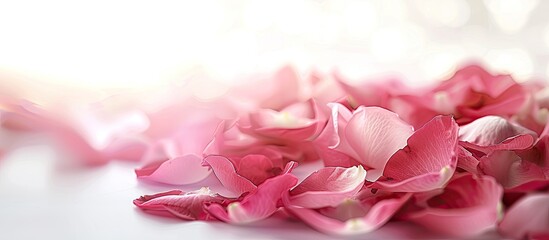 Fototapeta premium Blurred a cluster of lovely pink rose petals on a white isolated background with copy space