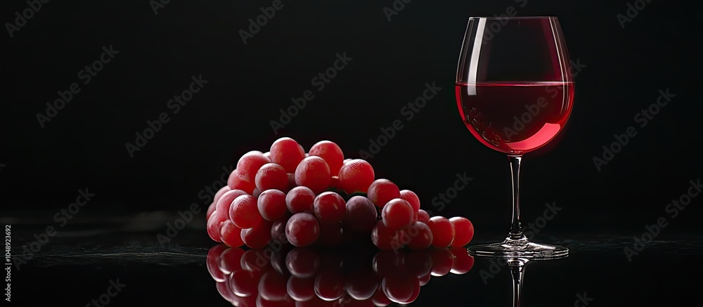 Poster Red wine and a cluster of grapes on a reflective black surface Selective focus. with copy space image. Place for adding text or design