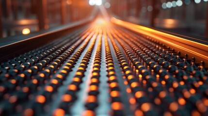 Fototapeta premium Close-up of a Conveyor Belt with Round Metal Rollers