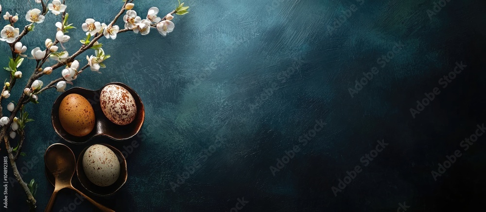 Poster vintage backdrop featuring easter eggs classic kitchenware against a dark background easter scene wi